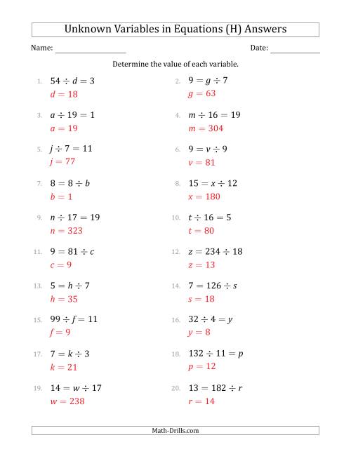 The Unknown Variables in Equations - Division - Range 1 to 20 - Any Position (H) Math Worksheet Page 2
