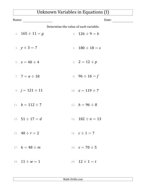 The Unknown Variables in Equations - Division - Range 1 to 20 - Any Position (I) Math Worksheet