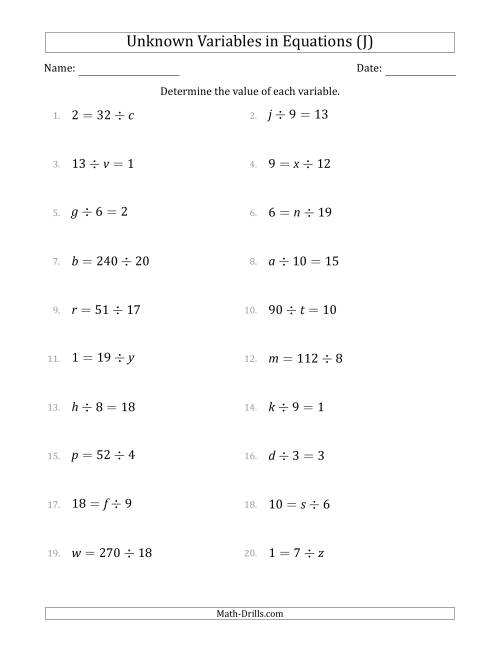 The Unknown Variables in Equations - Division - Range 1 to 20 - Any Position (J) Math Worksheet
