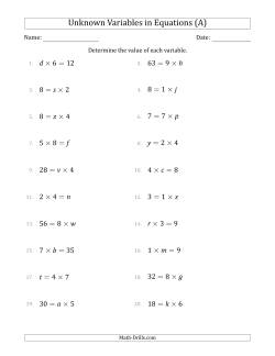 Unknown Variables in Equations - Multiplication - Range 1 to 9 - Any Position