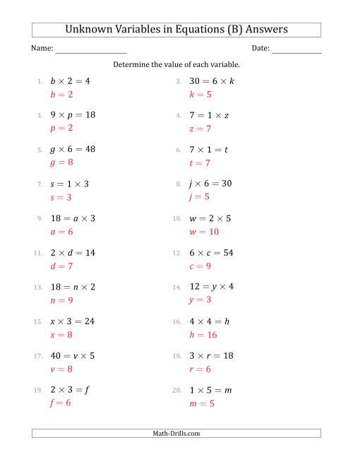 The Unknown Variables in Equations - Multiplication - Range 1 to 9 - Any Position (B) Math Worksheet Page 2