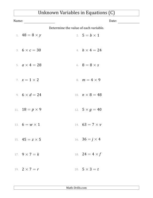 The Unknown Variables in Equations - Multiplication - Range 1 to 9 - Any Position (C) Math Worksheet