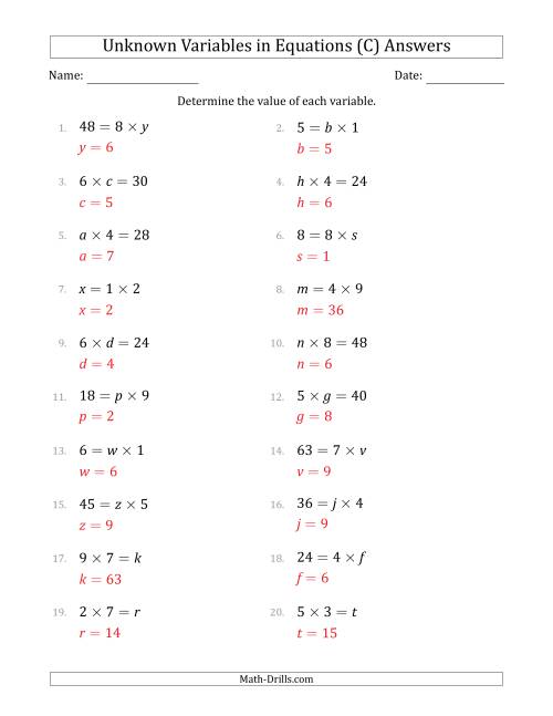 The Unknown Variables in Equations - Multiplication - Range 1 to 9 - Any Position (C) Math Worksheet Page 2