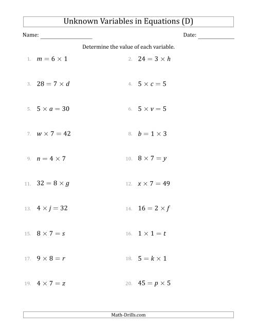 The Unknown Variables in Equations - Multiplication - Range 1 to 9 - Any Position (D) Math Worksheet