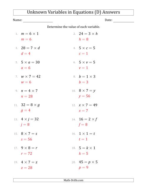 The Unknown Variables in Equations - Multiplication - Range 1 to 9 - Any Position (D) Math Worksheet Page 2