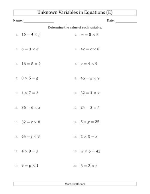 The Unknown Variables in Equations - Multiplication - Range 1 to 9 - Any Position (E) Math Worksheet