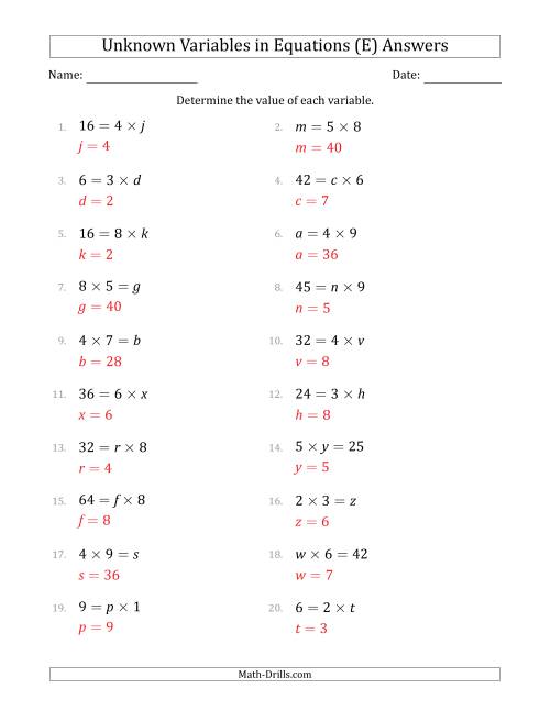 The Unknown Variables in Equations - Multiplication - Range 1 to 9 - Any Position (E) Math Worksheet Page 2
