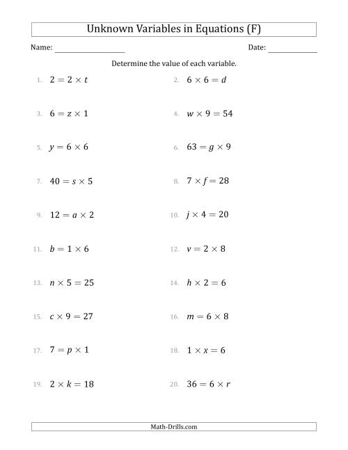 The Unknown Variables in Equations - Multiplication - Range 1 to 9 - Any Position (F) Math Worksheet