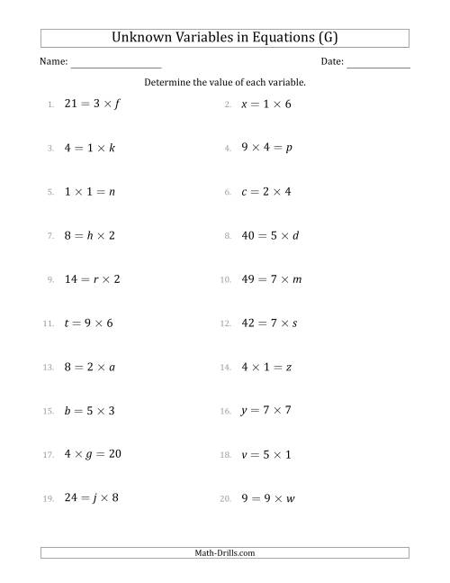 The Unknown Variables in Equations - Multiplication - Range 1 to 9 - Any Position (G) Math Worksheet