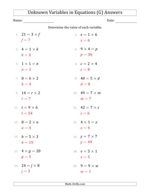 The Unknown Variables in Equations - Multiplication - Range 1 to 9 - Any Position (G) Math Worksheet Page 2