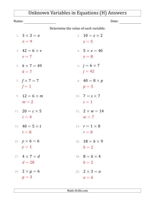 The Unknown Variables in Equations - Multiplication - Range 1 to 9 - Any Position (H) Math Worksheet Page 2