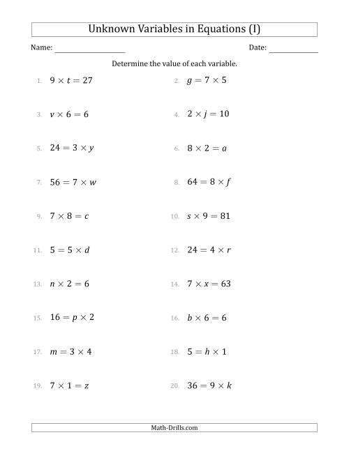 The Unknown Variables in Equations - Multiplication - Range 1 to 9 - Any Position (I) Math Worksheet