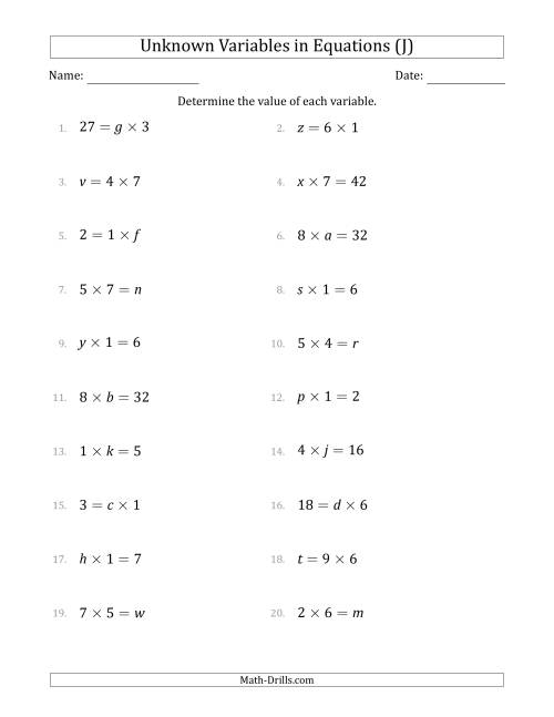 The Unknown Variables in Equations - Multiplication - Range 1 to 9 - Any Position (J) Math Worksheet