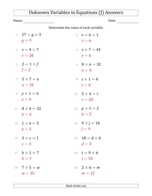 The Unknown Variables in Equations - Multiplication - Range 1 to 9 - Any Position (J) Math Worksheet Page 2