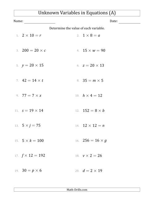 The Unknown Variables in Equations - Multiplication - Range 1 to 20 - Any Position (A) Math Worksheet