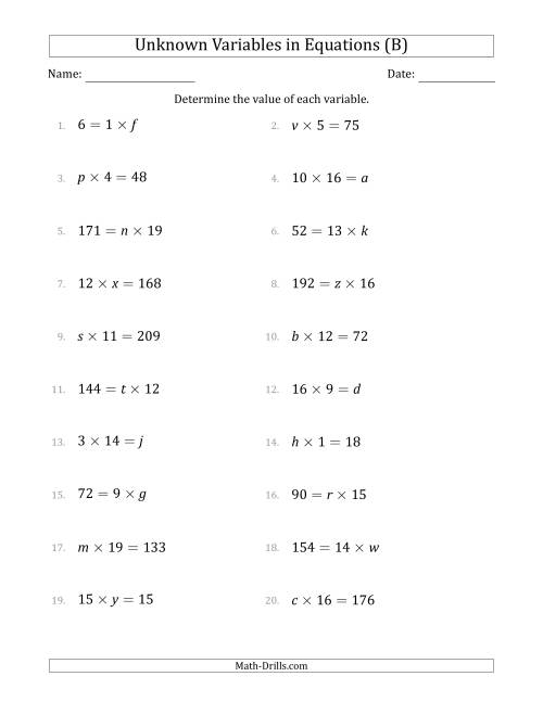 The Unknown Variables in Equations - Multiplication - Range 1 to 20 - Any Position (B) Math Worksheet