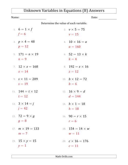 The Unknown Variables in Equations - Multiplication - Range 1 to 20 - Any Position (B) Math Worksheet Page 2