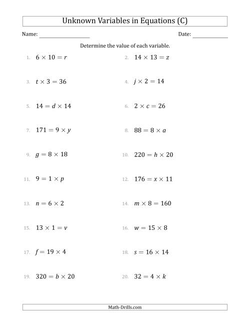 The Unknown Variables in Equations - Multiplication - Range 1 to 20 - Any Position (C) Math Worksheet