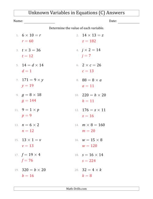 The Unknown Variables in Equations - Multiplication - Range 1 to 20 - Any Position (C) Math Worksheet Page 2