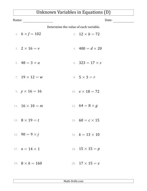 The Unknown Variables in Equations - Multiplication - Range 1 to 20 - Any Position (D) Math Worksheet