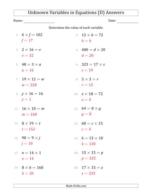 The Unknown Variables in Equations - Multiplication - Range 1 to 20 - Any Position (D) Math Worksheet Page 2