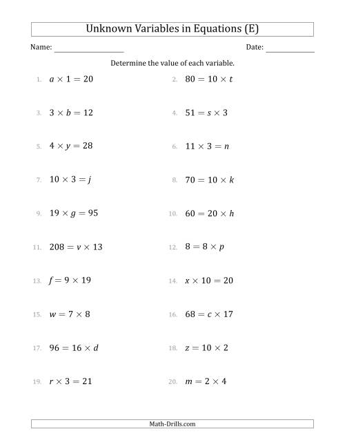 The Unknown Variables in Equations - Multiplication - Range 1 to 20 - Any Position (E) Math Worksheet