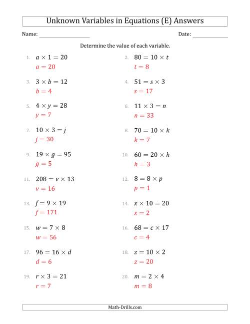 The Unknown Variables in Equations - Multiplication - Range 1 to 20 - Any Position (E) Math Worksheet Page 2