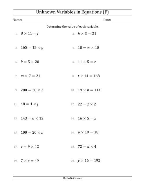 The Unknown Variables in Equations - Multiplication - Range 1 to 20 - Any Position (F) Math Worksheet