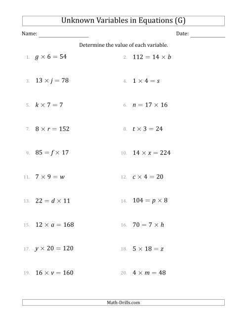 The Unknown Variables in Equations - Multiplication - Range 1 to 20 - Any Position (G) Math Worksheet