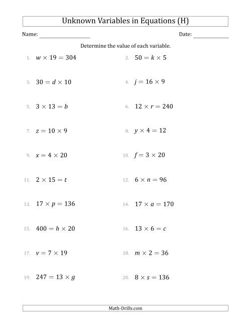 The Unknown Variables in Equations - Multiplication - Range 1 to 20 - Any Position (H) Math Worksheet