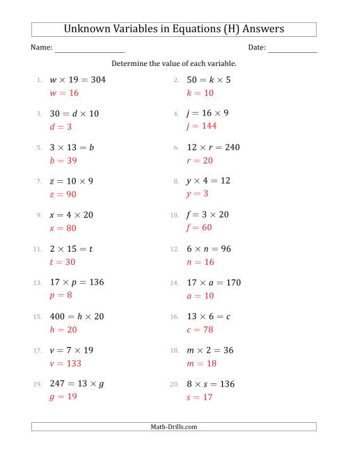 The Unknown Variables in Equations - Multiplication - Range 1 to 20 - Any Position (H) Math Worksheet Page 2