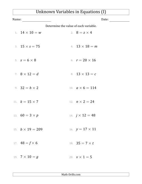 The Unknown Variables in Equations - Multiplication - Range 1 to 20 - Any Position (I) Math Worksheet