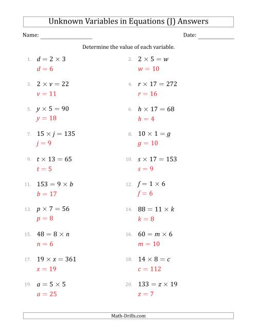 The Unknown Variables in Equations - Multiplication - Range 1 to 20 - Any Position (J) Math Worksheet Page 2