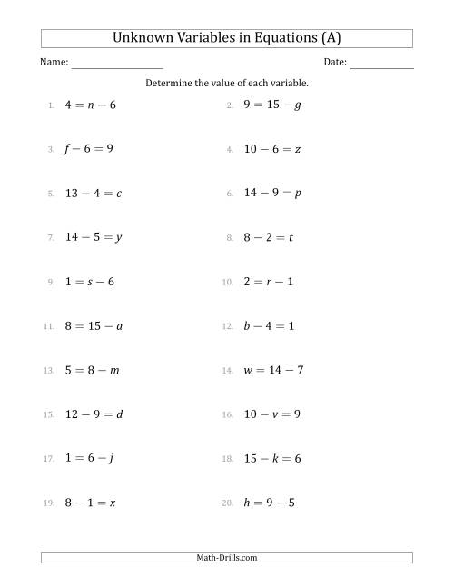 The Unknown Variables in Equations - Subtraction - Range 1 to 9 - Any Position (A) Math Worksheet