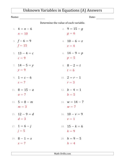 The Unknown Variables in Equations - Subtraction - Range 1 to 9 - Any Position (A) Math Worksheet Page 2
