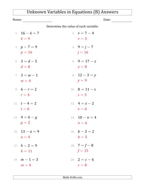 The Unknown Variables in Equations - Subtraction - Range 1 to 9 - Any Position (B) Math Worksheet Page 2