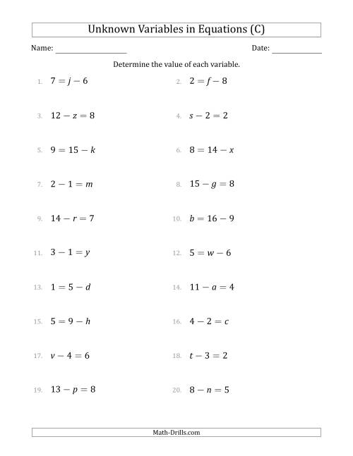 The Unknown Variables in Equations - Subtraction - Range 1 to 9 - Any Position (C) Math Worksheet