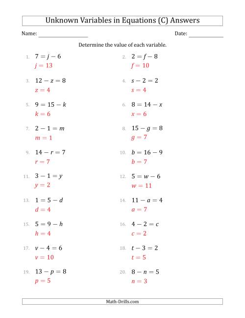 The Unknown Variables in Equations - Subtraction - Range 1 to 9 - Any Position (C) Math Worksheet Page 2