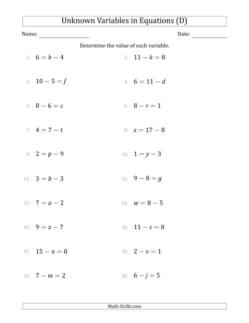The Unknown Variables in Equations - Subtraction - Range 1 to 9 - Any Position (D) Math Worksheet