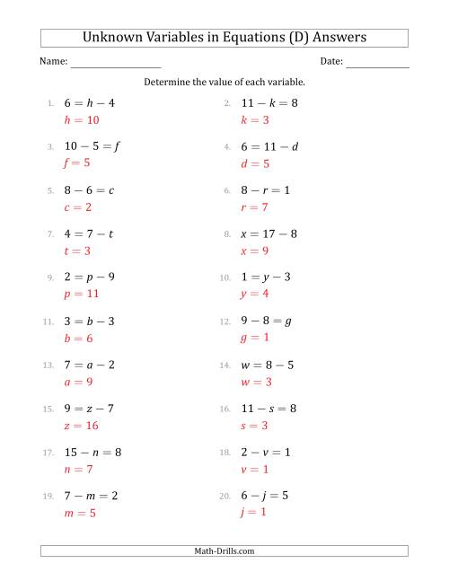 The Unknown Variables in Equations - Subtraction - Range 1 to 9 - Any Position (D) Math Worksheet Page 2