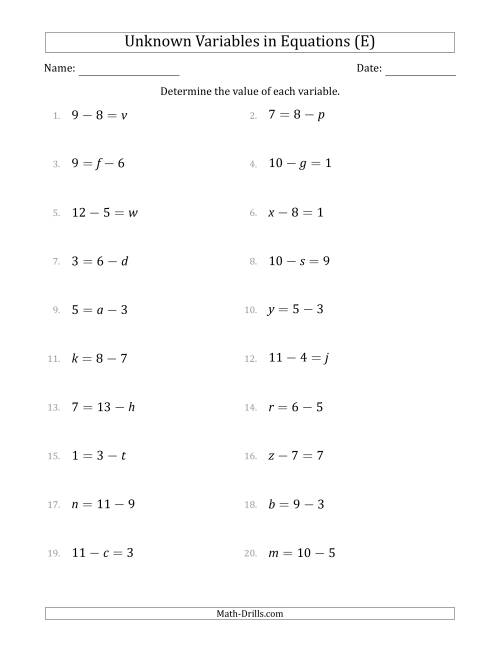 The Unknown Variables in Equations - Subtraction - Range 1 to 9 - Any Position (E) Math Worksheet