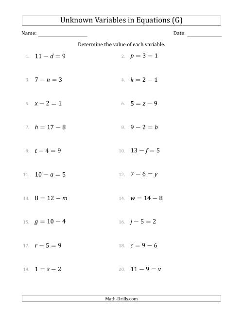 The Unknown Variables in Equations - Subtraction - Range 1 to 9 - Any Position (G) Math Worksheet