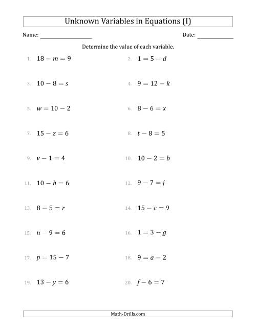 The Unknown Variables in Equations - Subtraction - Range 1 to 9 - Any Position (I) Math Worksheet