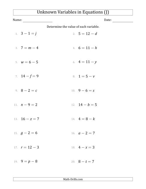 The Unknown Variables in Equations - Subtraction - Range 1 to 9 - Any Position (J) Math Worksheet