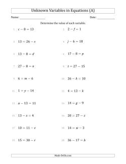 Unknown Variables in Equations - Subtraction - Range 1 to 20 - Any Position