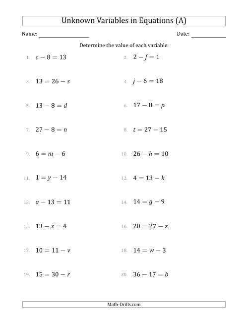 The Unknown Variables in Equations - Subtraction - Range 1 to 20 - Any Position (A) Math Worksheet