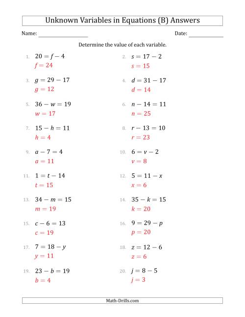 The Unknown Variables in Equations - Subtraction - Range 1 to 20 - Any Position (B) Math Worksheet Page 2