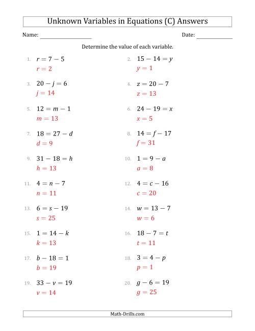 The Unknown Variables in Equations - Subtraction - Range 1 to 20 - Any Position (C) Math Worksheet Page 2