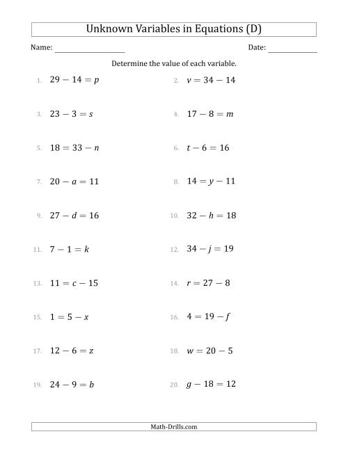 The Unknown Variables in Equations - Subtraction - Range 1 to 20 - Any Position (D) Math Worksheet