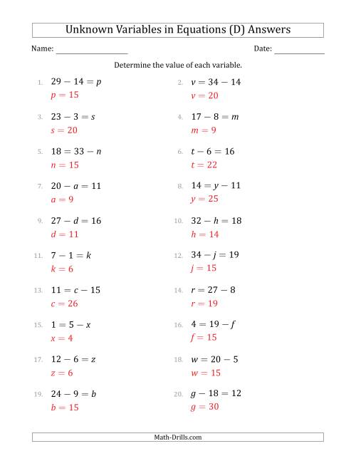 The Unknown Variables in Equations - Subtraction - Range 1 to 20 - Any Position (D) Math Worksheet Page 2